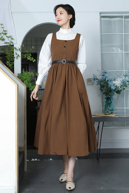 Brown Cotton Linen Swing Dress - Square Neckline, Pleated Waist 3371
