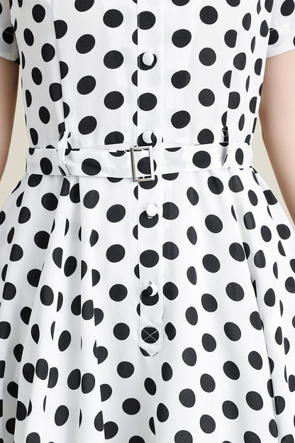 White Polka Dot Midi Dress - Retro Swing Silhouette 3308