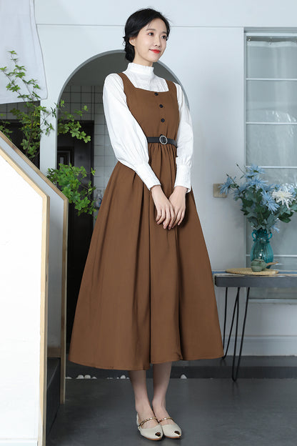 Brown Cotton Linen Swing Dress - Square Neckline, Pleated Waist 3371