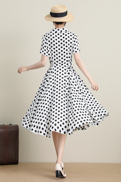 White Polka Dot Midi Dress - Retro Swing Silhouette 3308