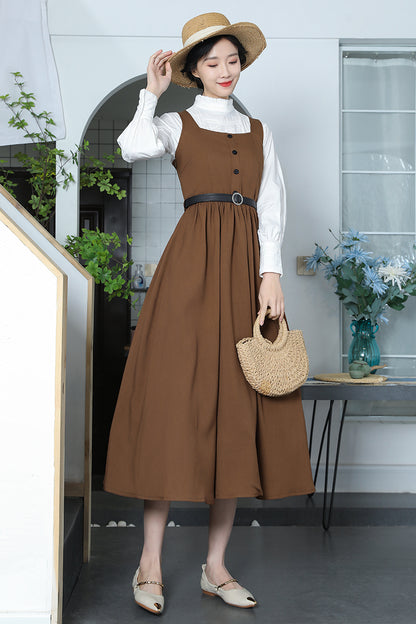 Brown Cotton Linen Swing Dress - Square Neckline, Pleated Waist 3371