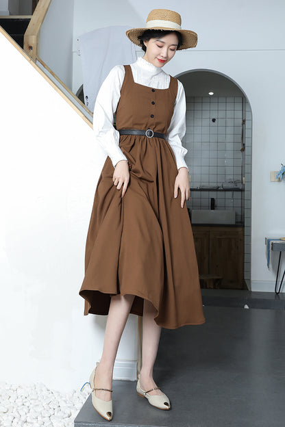 Brown Cotton Linen Swing Dress - Square Neckline, Pleated Waist 3371