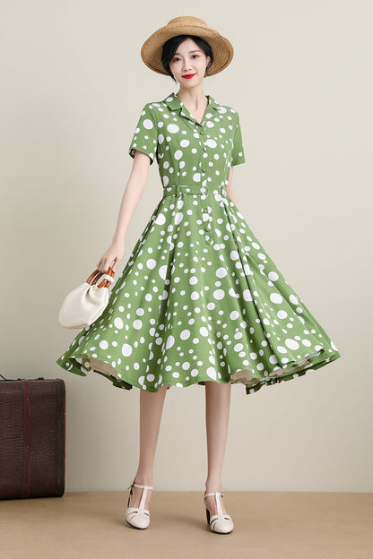 Women Midi Green Polka Dot Swing Shirtwaist Dress 3309,Size XS #CK2200 –  Xiaolizi