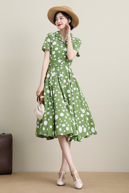 Green Polka Dot Polyester Swing Dress - Pockets | Xiaolizi CK2200092