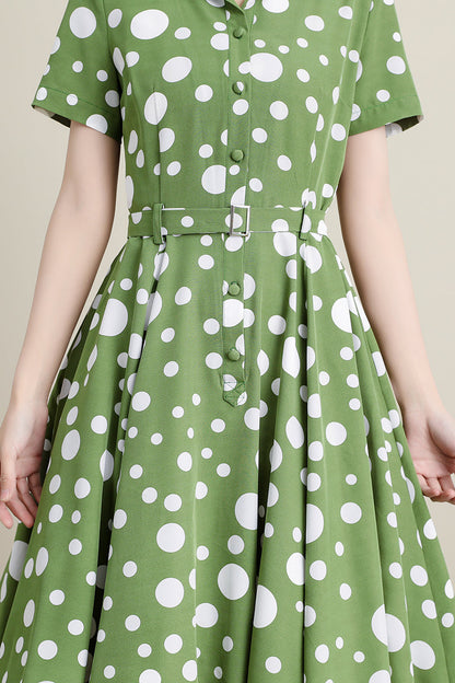 Green Polka Dot Polyester Swing Dress - Pockets | Xiaolizi CK2200092