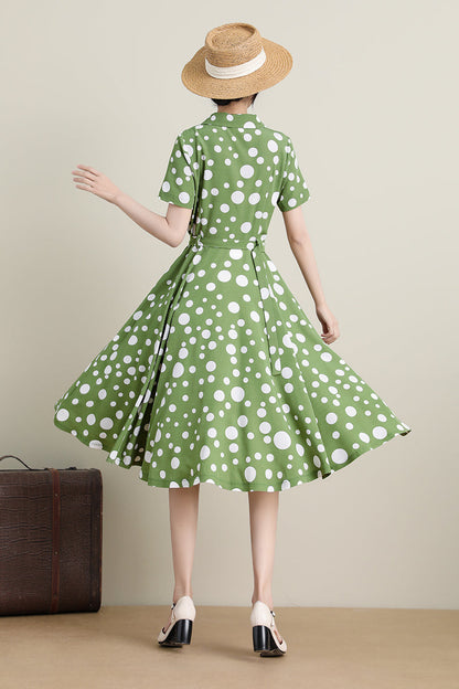 Green Polka Dot Polyester Swing Dress - Pockets | Xiaolizi CK2200092
