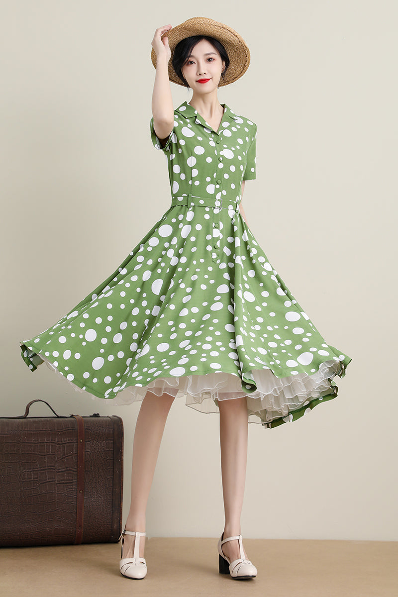 1950s Green Polka Dot Swing Shirtwaist Midi Dress 3309 Xiaolizi 1950s Green Polka Dot Swing Shirtwaist Midi Dress 3309 Xiaolizi