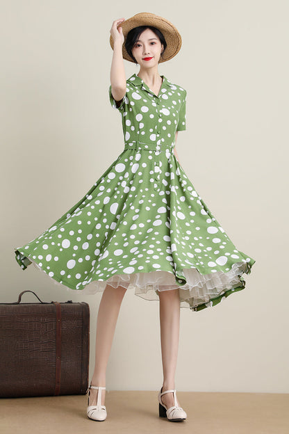 Green Polka Dot Polyester Swing Dress - Pockets | Xiaolizi CK2200092