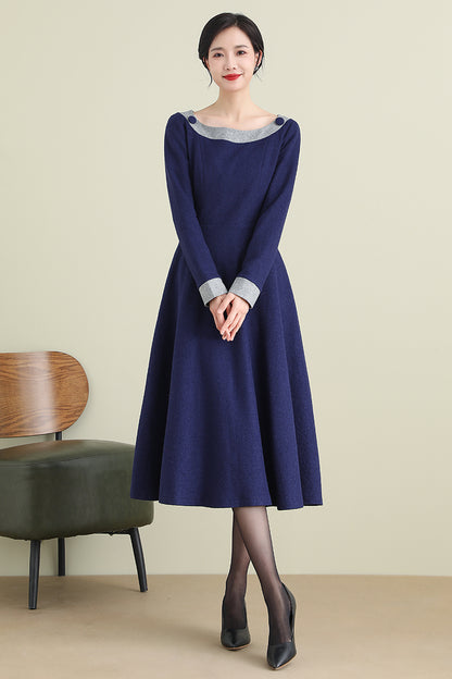 Navy Blue Wool Midi Dress - Long Sleeve A-Line Formal | Xiaolizi 3892