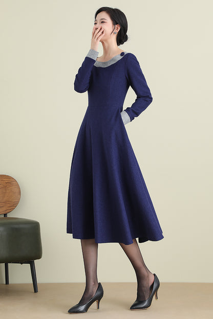 Navy Blue Wool Midi Dress - Long Sleeve A-Line Formal | Xiaolizi 3892