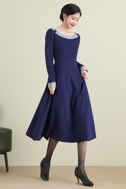 Navy Blue Wool Midi Dress - Long Sleeve A-Line Formal | Xiaolizi 3892