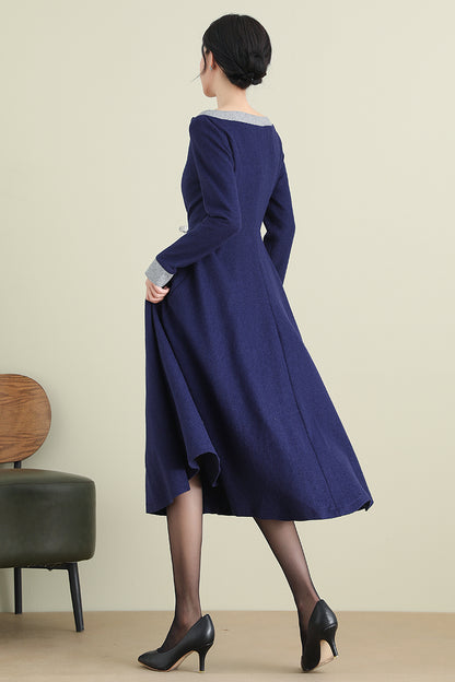 Navy Blue Wool Midi Dress - Long Sleeve A-Line Formal | Xiaolizi 3892