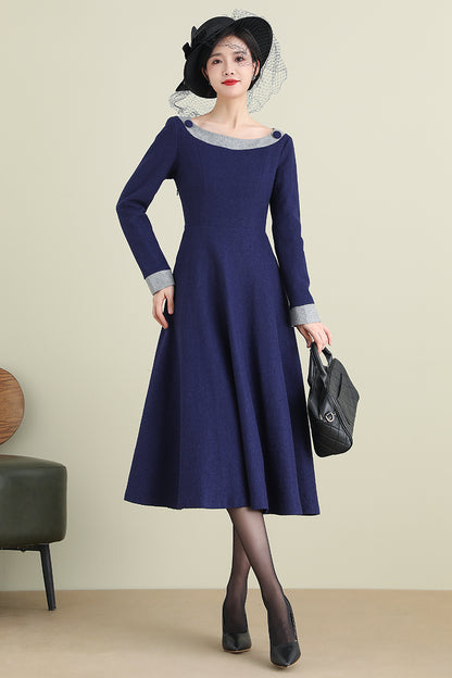 Navy Blue Wool Midi Dress - Long Sleeve A-Line Formal | Xiaolizi 3892