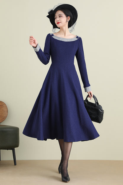 Navy Blue Wool Midi Dress - Long Sleeve A-Line Formal | Xiaolizi 3892
