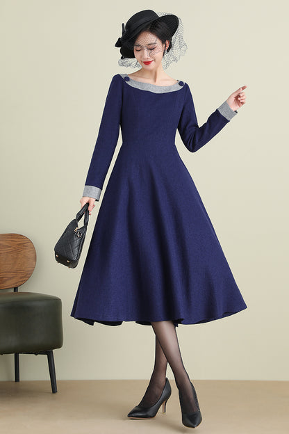 Navy Blue Wool Midi Dress - Long Sleeve A-Line Formal | Xiaolizi 3892