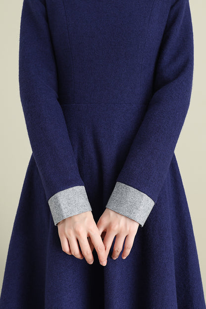 Navy Blue Wool Midi Dress - Long Sleeve A-Line Formal | Xiaolizi 3892