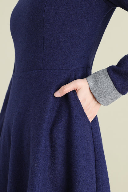 Navy Blue Wool Midi Dress - Long Sleeve A-Line Formal | Xiaolizi 3892