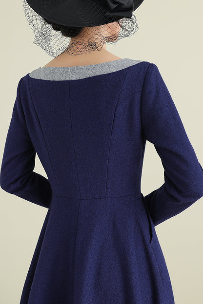 Navy Blue Wool Midi Dress - Long Sleeve A-Line Formal | Xiaolizi 3892