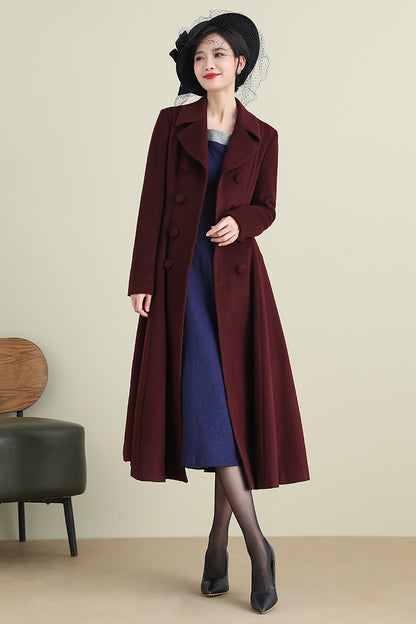Handmade Wine Red Wool Coat – Vintage Double-Breasted Fit and Flare Overcoat | Xiaolizi 3893