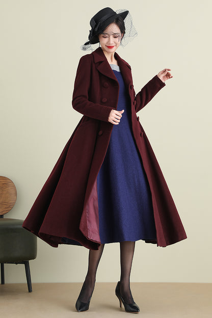 Handmade Wine Red Wool Coat – Vintage Double-Breasted Fit and Flare Overcoat | Xiaolizi 3893