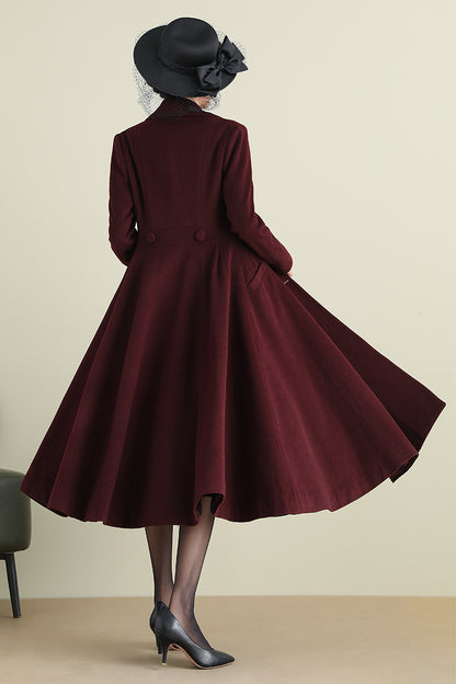 Handmade Wine Red Wool Coat – Vintage Double-Breasted Fit and Flare Overcoat | Xiaolizi 3893