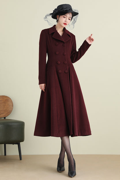 Handmade Wine Red Wool Coat – Vintage Double-Breasted Fit and Flare Overcoat | Xiaolizi 3893