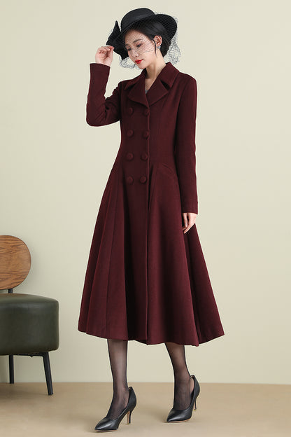 Handmade Wine Red Wool Coat – Vintage Double-Breasted Fit and Flare Overcoat | Xiaolizi 3893