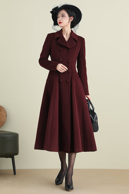 Handmade Wine Red Wool Coat – Vintage Double-Breasted Fit and Flare Overcoat | Xiaolizi 3893