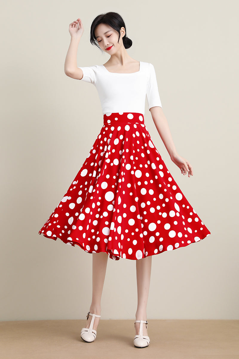 Red Polka Dot Circle Midi Swing A Line Skirt 3313#CK2200096