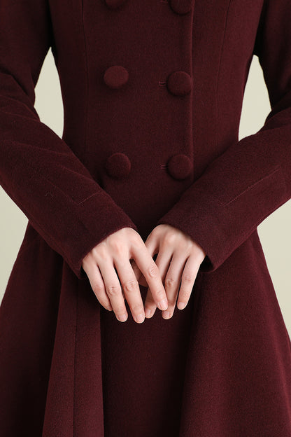 Handmade Wine Red Wool Coat – Vintage Double-Breasted Fit and Flare Overcoat | Xiaolizi 3893
