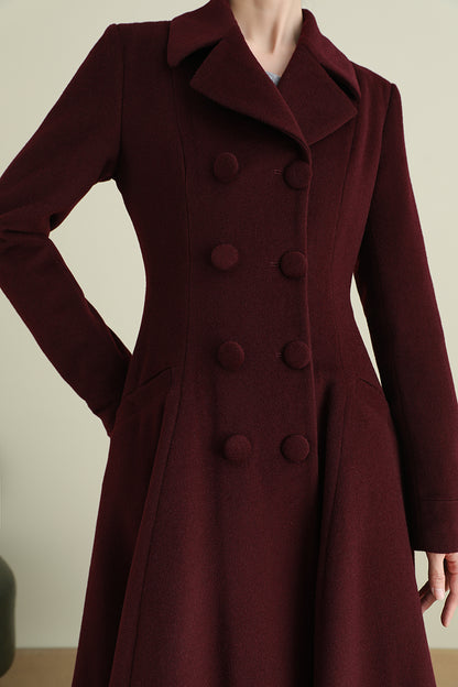 Handmade Wine Red Wool Coat – Vintage Double-Breasted Fit and Flare Overcoat | Xiaolizi 3893