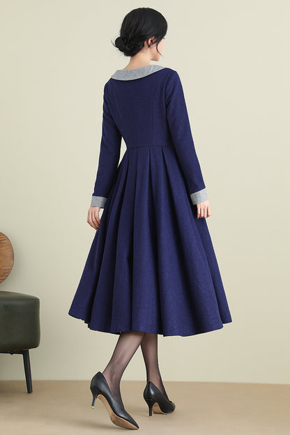 Navy Wool Blend Midi Dress - Long Sleeve Satin Lined | Xiaolizi 3894