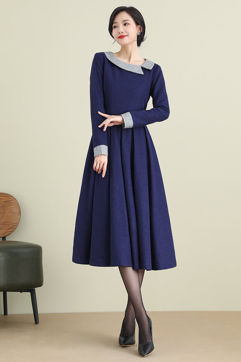 Navy Wool Blend Midi Dress Long Sleeve with Pockets | Xiaolizi 3894 Navy Wool Blend Midi Dress Long Sleeve with Pockets | Xiaolizi 3894