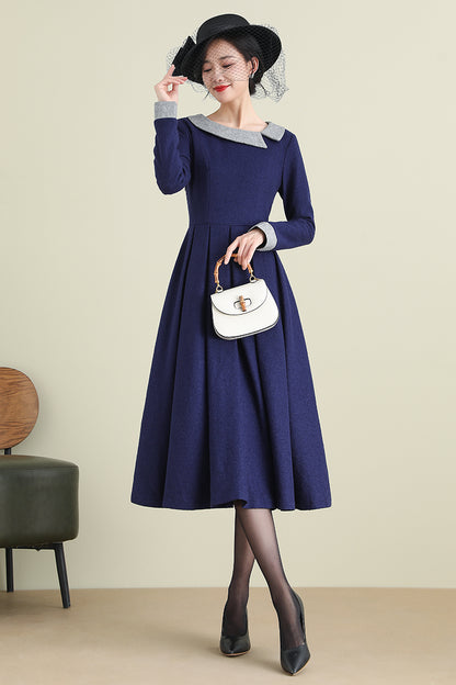 Navy Wool Blend Midi Dress - Long Sleeve Satin Lined | Xiaolizi 3894