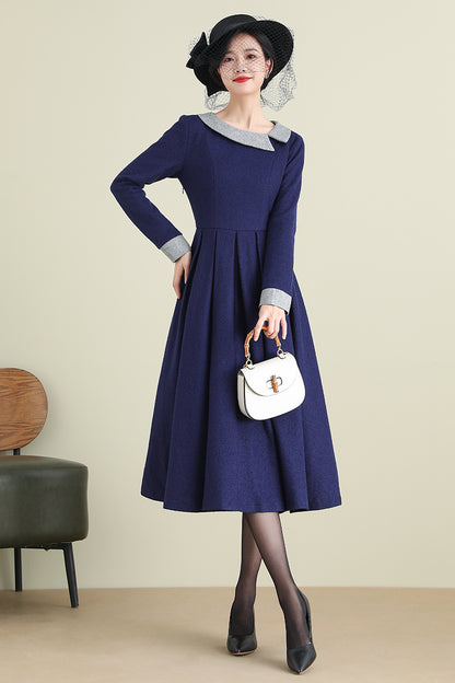 Navy Wool Blend Midi Dress - Long Sleeve Satin Lined | Xiaolizi 3894