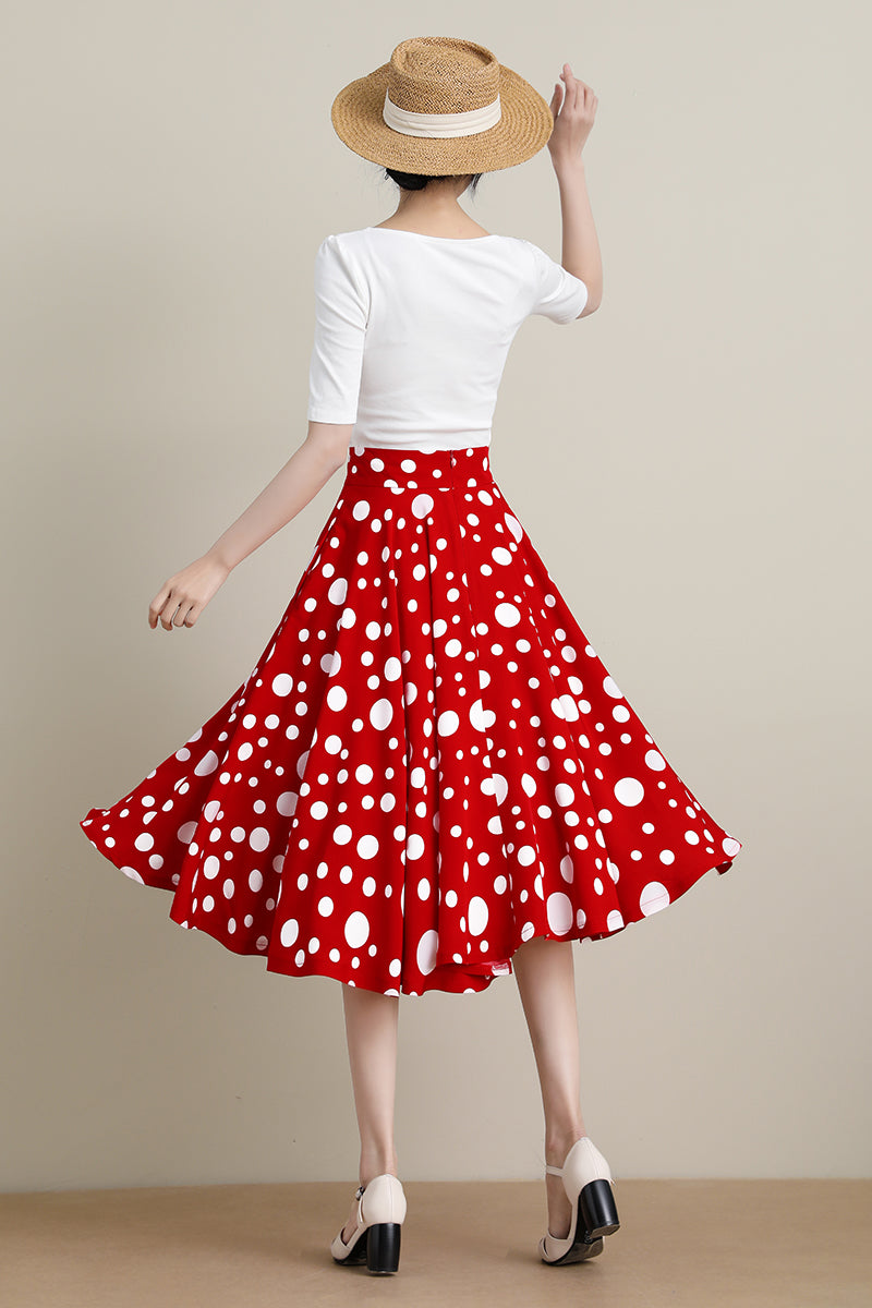 Red Polka Dot Circle Midi Swing A Line Skirt 3313#CK2200096