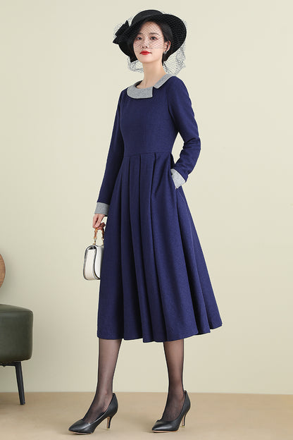 Navy Wool Blend Midi Dress - Long Sleeve Satin Lined | Xiaolizi 3894