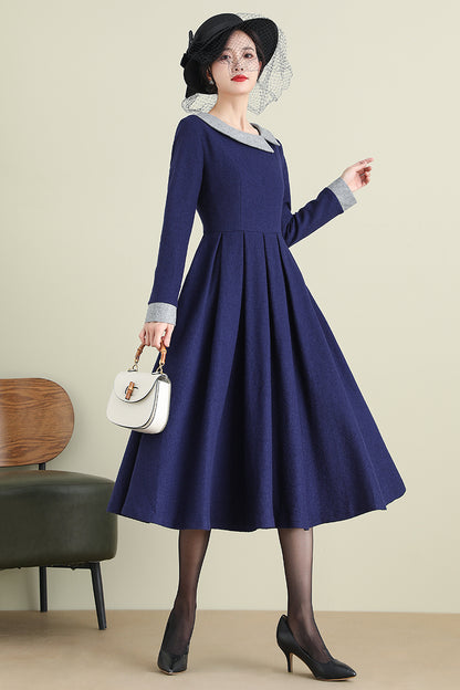 Navy Wool Blend Midi Dress - Long Sleeve Satin Lined | Xiaolizi 3894
