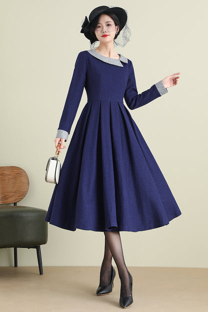 Navy Wool Blend Midi Dress - Long Sleeve Satin Lined | Xiaolizi 3894