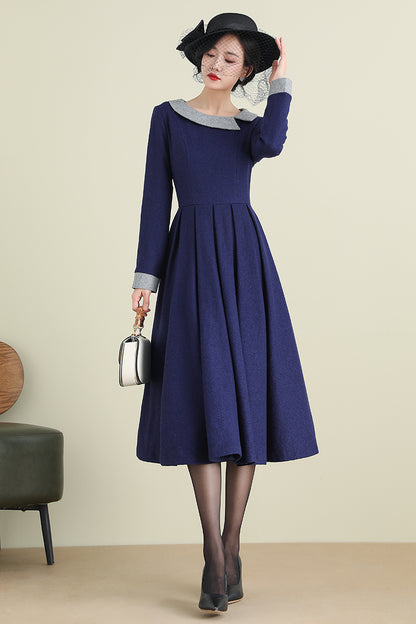 Navy Wool Blend Midi Dress - Long Sleeve Satin Lined | Xiaolizi 3894
