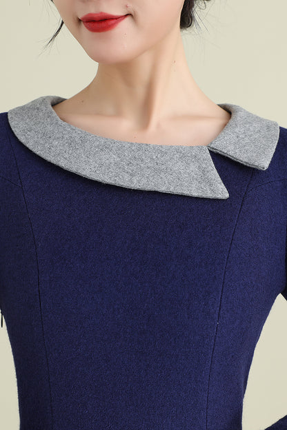 Navy Wool Blend Midi Dress - Long Sleeve Satin Lined | Xiaolizi 3894