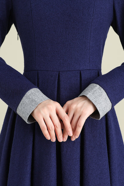 Navy Wool Blend Midi Dress - Long Sleeve Satin Lined | Xiaolizi 3894