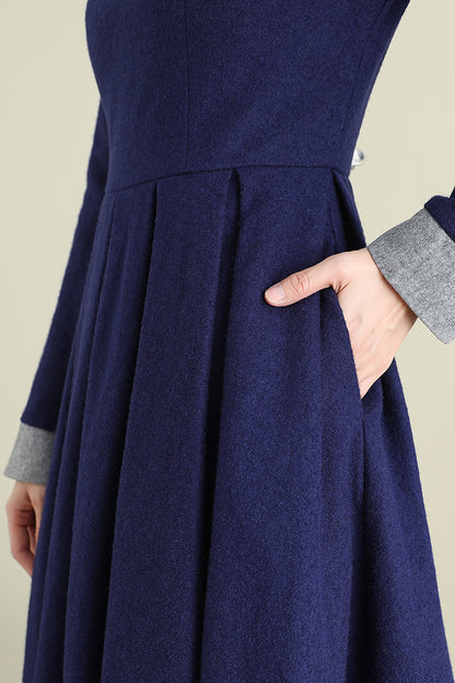 Navy Wool Blend Midi Dress - Long Sleeve Satin Lined | Xiaolizi 3894