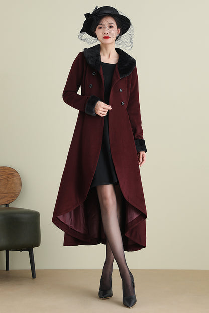 Xiaolizi Vintage Burgundy Wool Coat for Women – Handmade A-line High-Low Winter Coat with Faux Fur Collar 3895