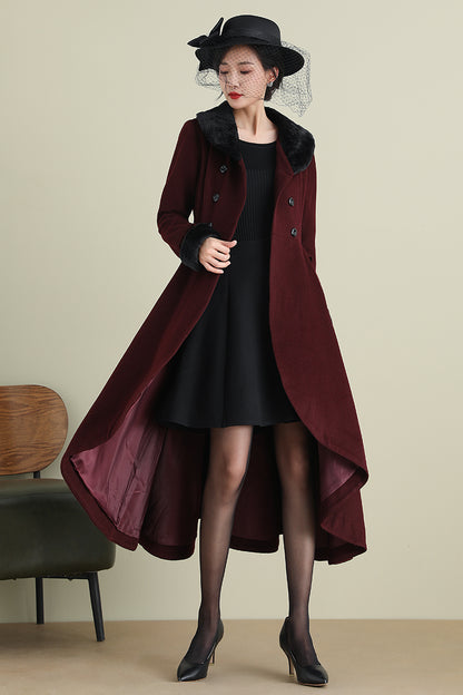 Xiaolizi Vintage Burgundy Wool Coat for Women – Handmade A-line High-Low Winter Coat with Faux Fur Collar 3895