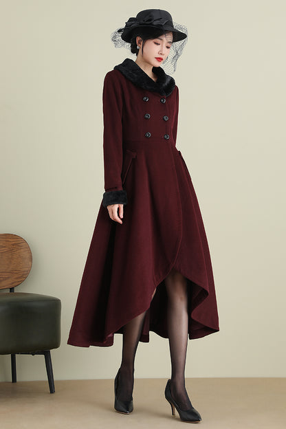 Xiaolizi Vintage Burgundy Wool Coat for Women – Handmade A-line High-Low Winter Coat with Faux Fur Collar 3895