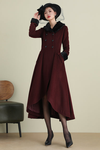 Xiaolizi Vintage Burgundy Wool Coat for Women – Handmade A-line High-Low Winter Coat with Faux Fur Collar 3895