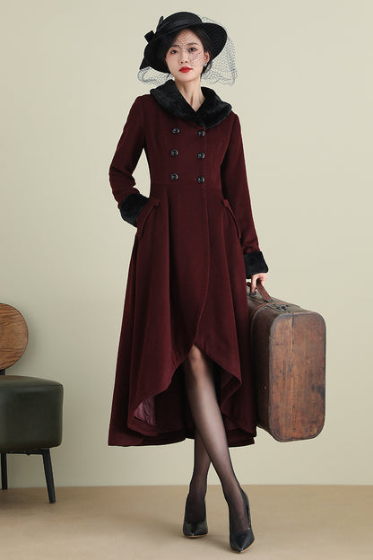 Xiaolizi Vintage Burgundy Wool Coat for Women – Handmade A-line High-Low Winter Coat with Faux Fur Collar 3895
