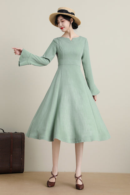 Green Polyester Swing Midi Dress - Tie Belt Long Sleeve | Xiaolizi CK2200102