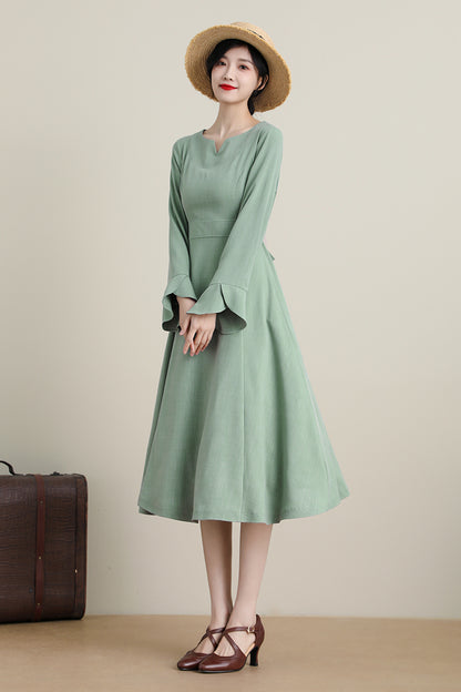 Green Polyester Swing Midi Dress - Tie Belt Long Sleeve | Xiaolizi CK2200102